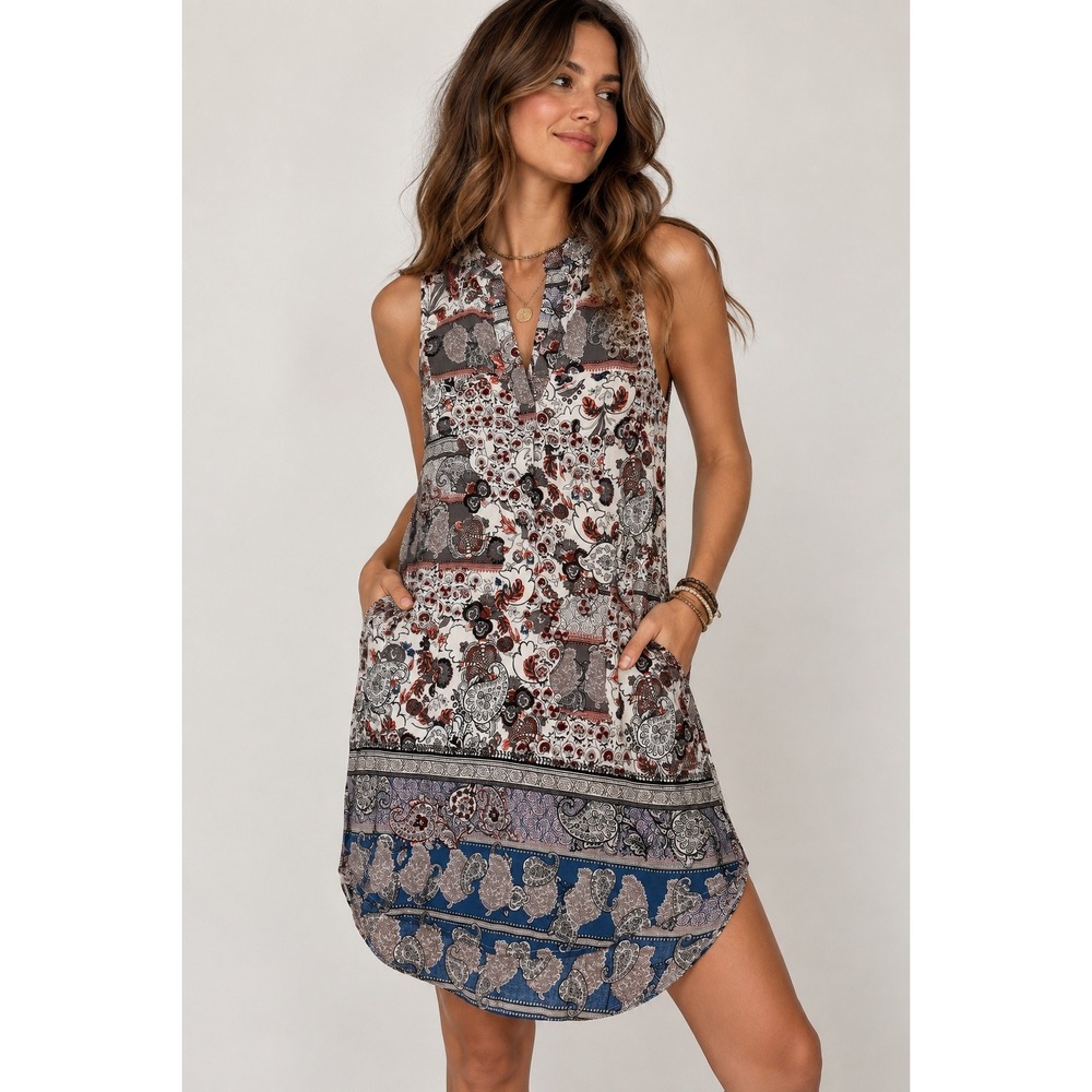 Papillon Womens Paisley Floral Sleeveless Shift Dress V-Neck Blue Red Small
